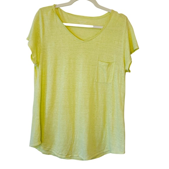 Eileen Fisher Womens Size M Yellow Linen V-Neck Pocket Short Sleeve T-Shirt - Picture 1 of 4